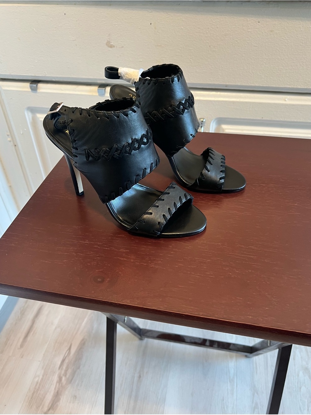 Atelier Nicole Miller Percy Black Leather Open Toe Stiletto Heels Size 7 NWOT